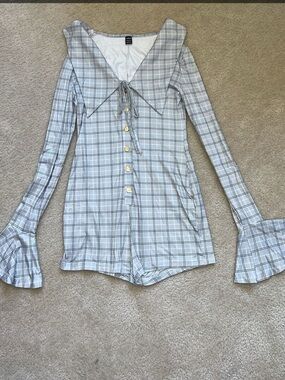 Plaid Button Playsuit Romper with Statement Collar - Light Gray